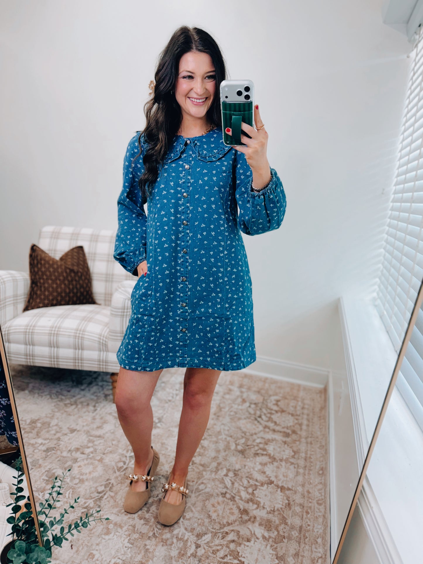 Ditsy Denim Scallop Mini Dress
