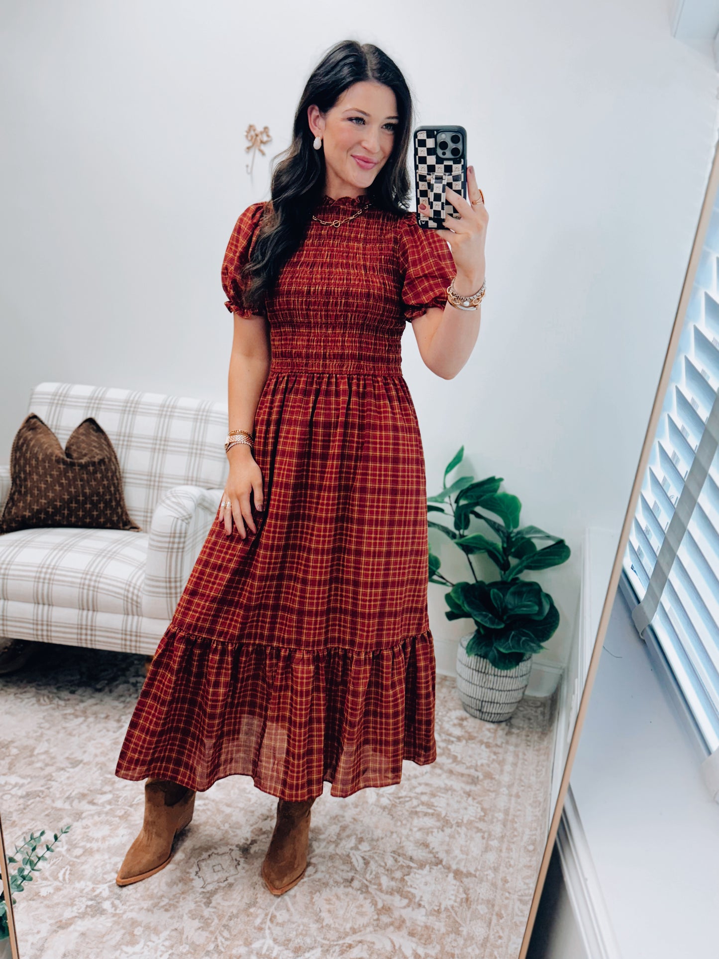 Chandler Plaid Smocked Midi Dress