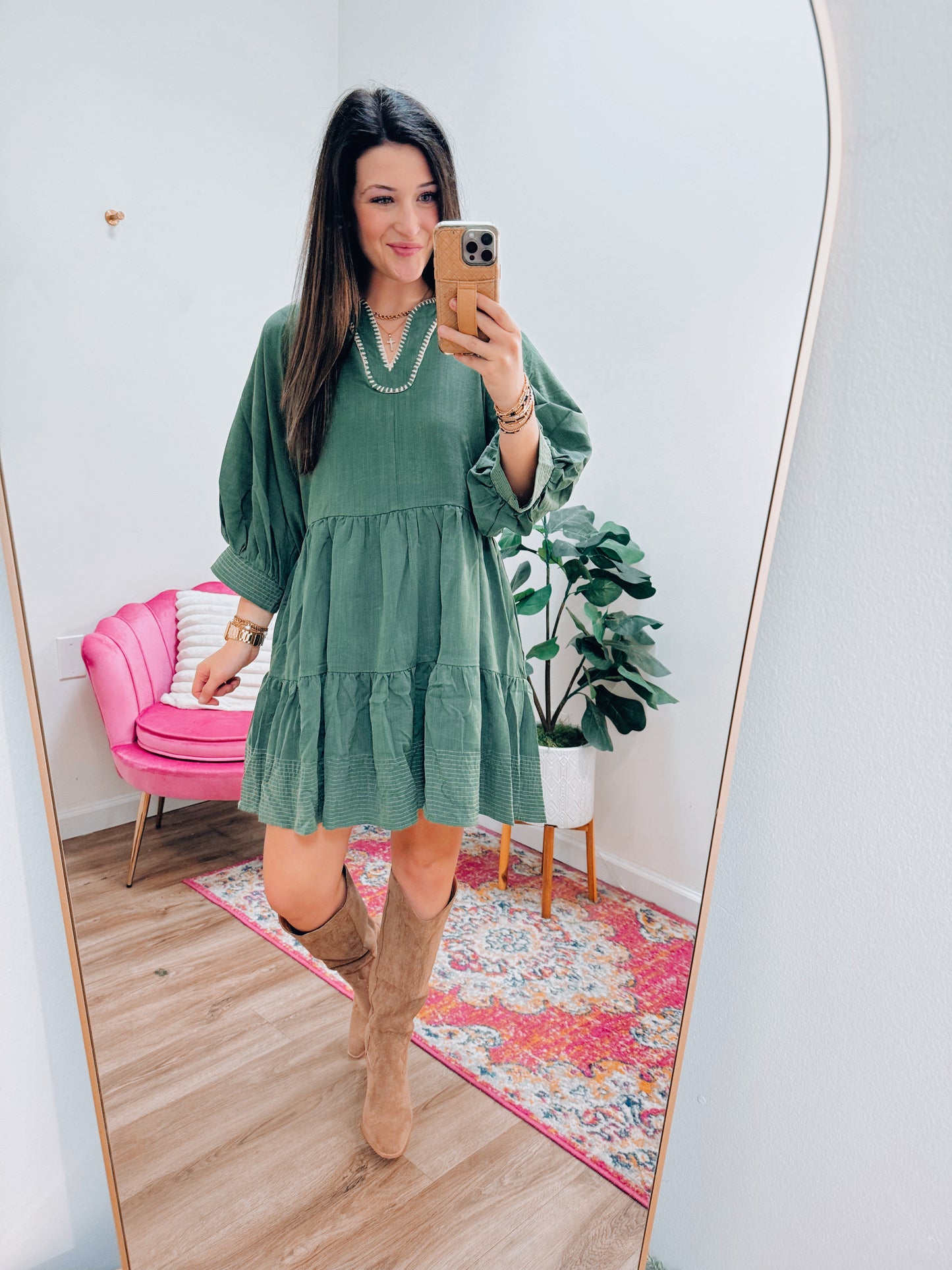 Embroidered Olive Mini Dress