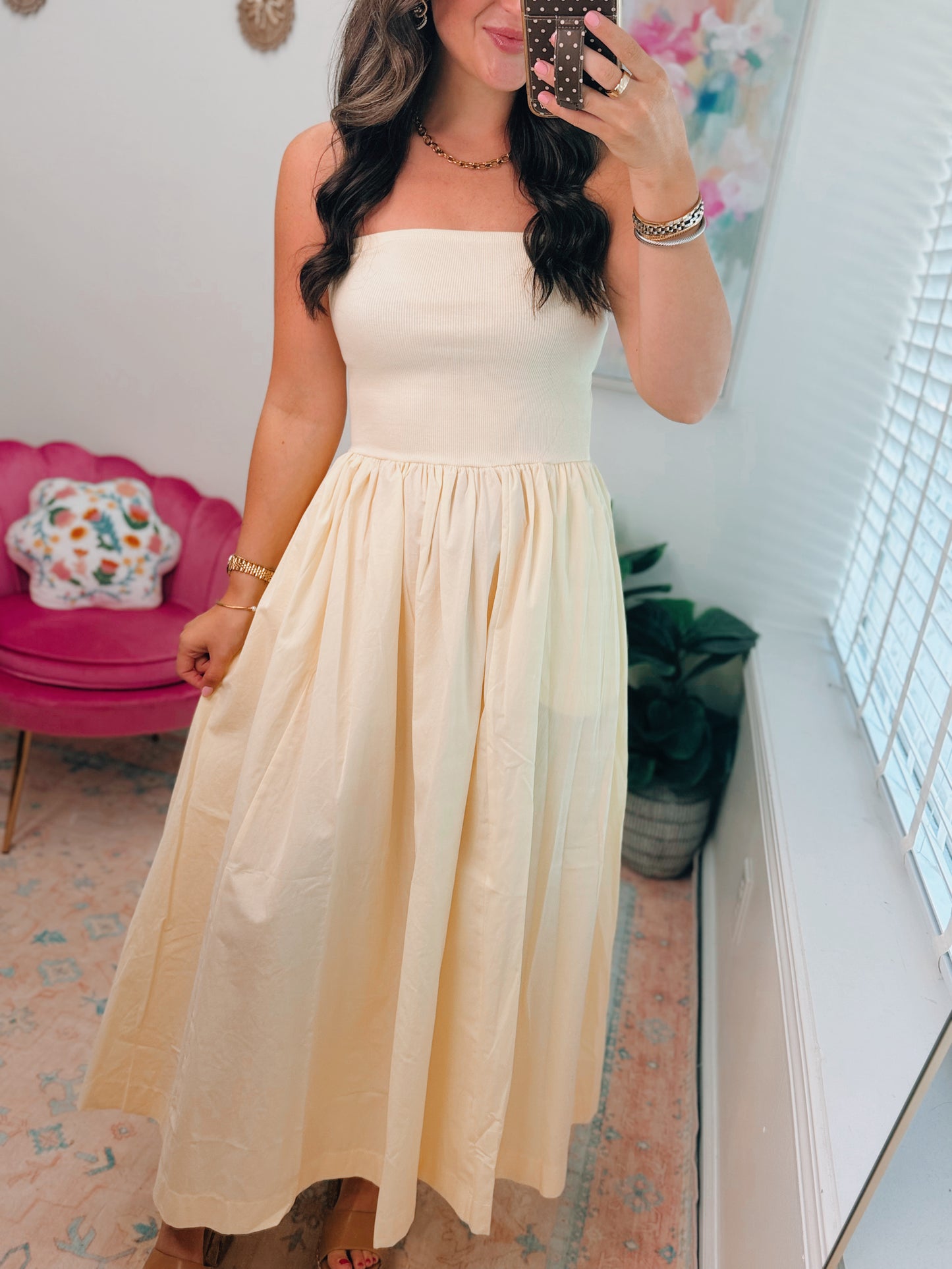 Pale Yellow Strapless Flowy Maxi Dress