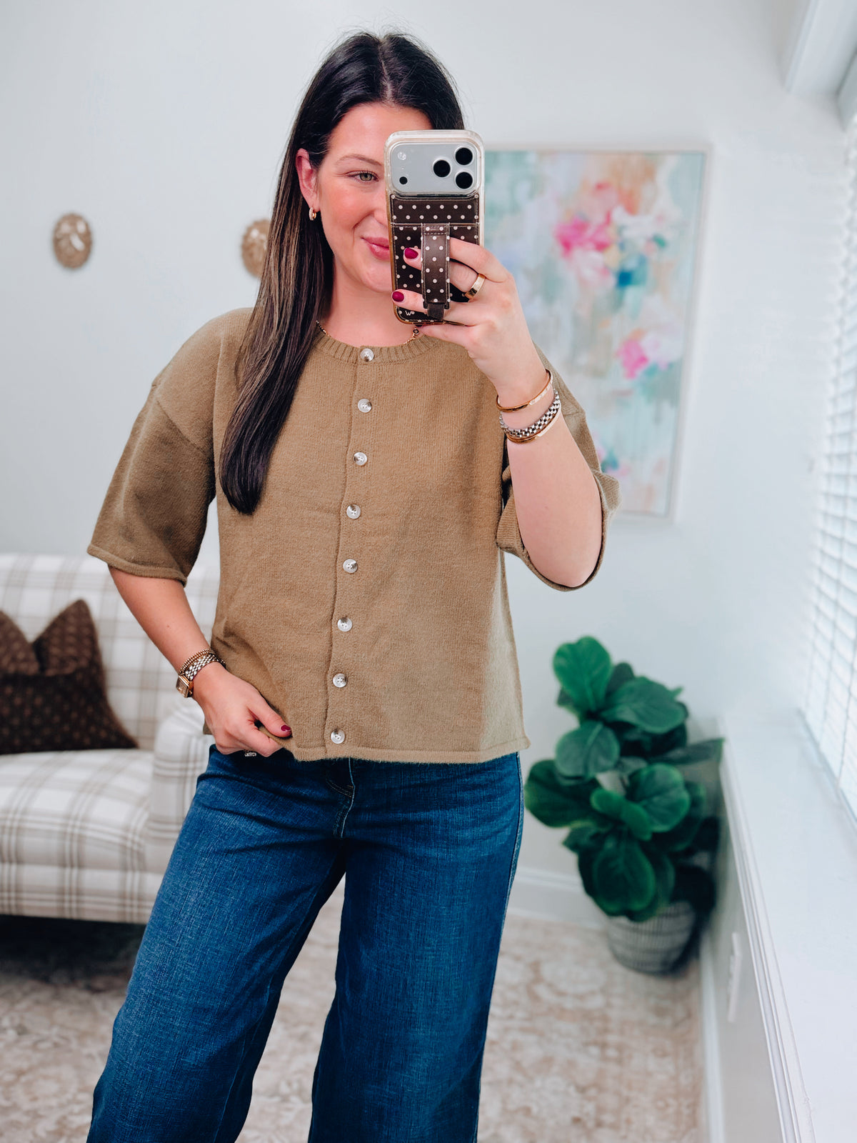 Olive Button Knit Sweater Top