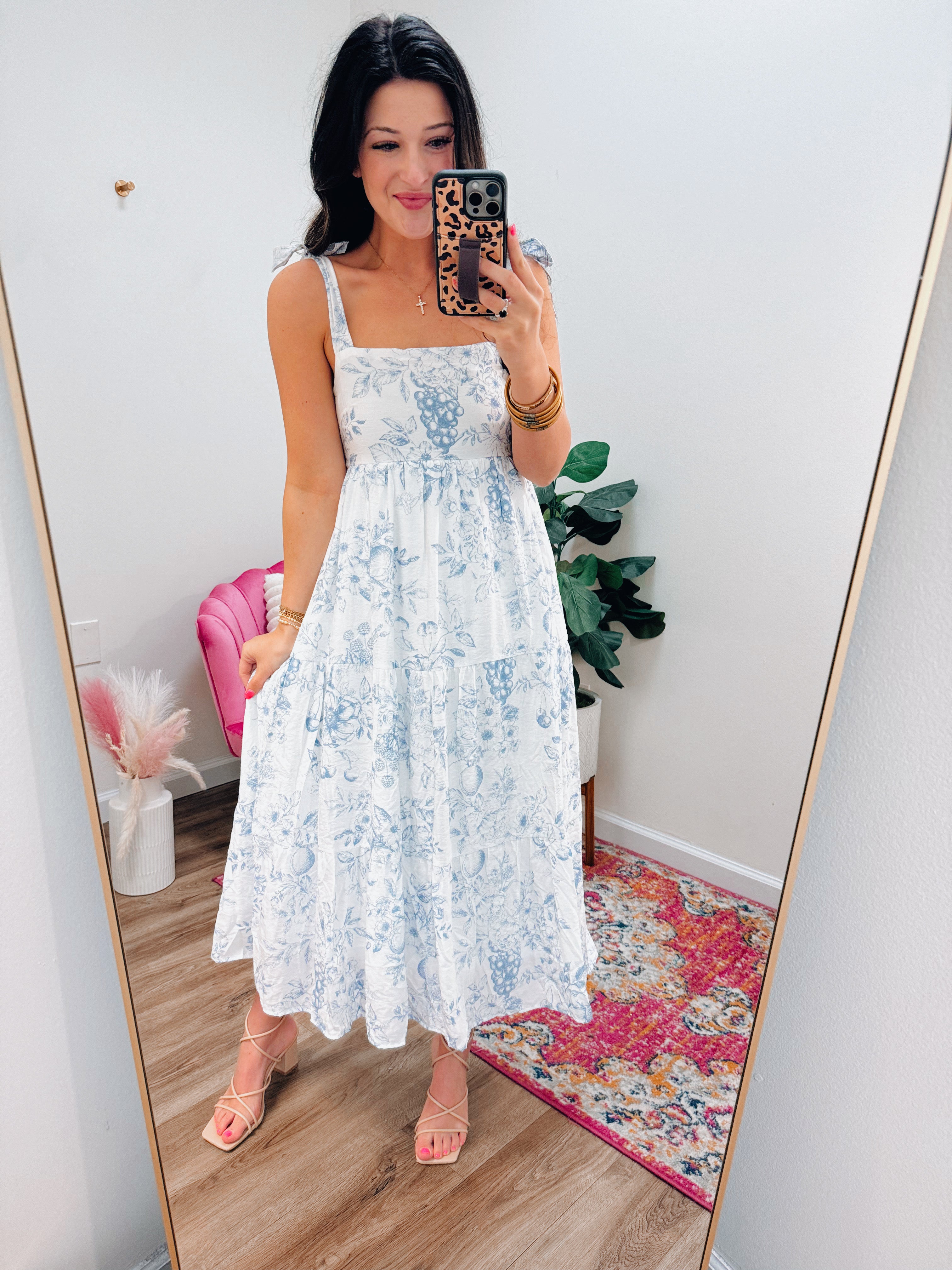 Fruit Blossom Midi Dress Blue Lola Jane Boutique