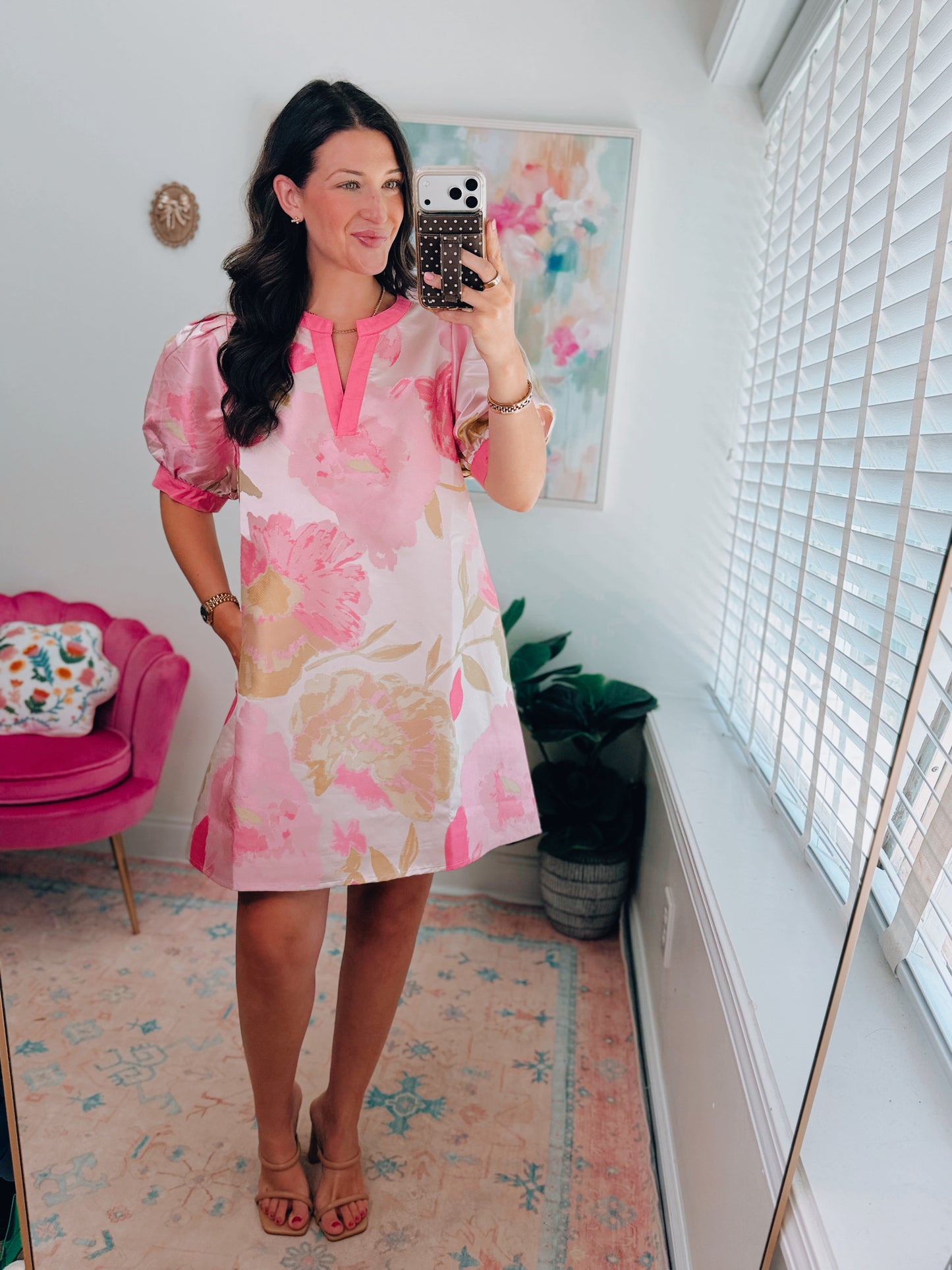 Pink Metallic Floral Mini Dress
