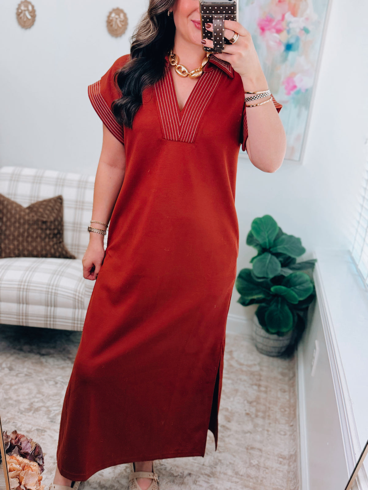 Rust Stitched Scuba Midi Dress