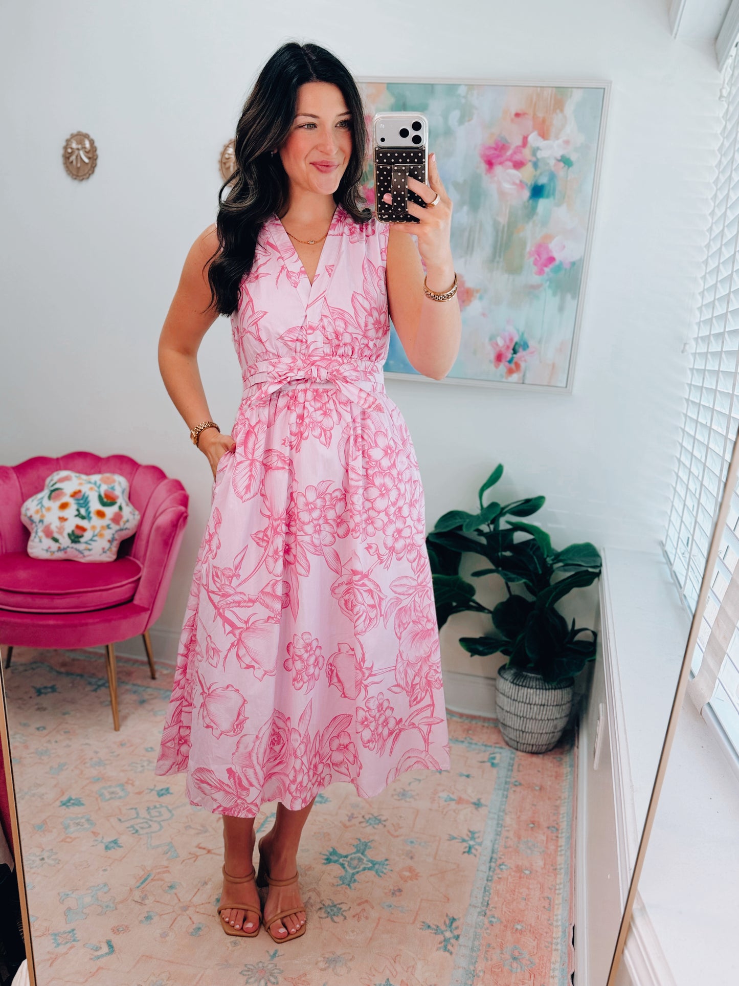 Pink Floral Tie Midi Dress