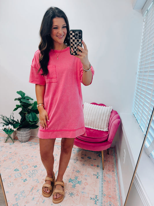 Easy Going Mineral Wash Tee Dress - Pink