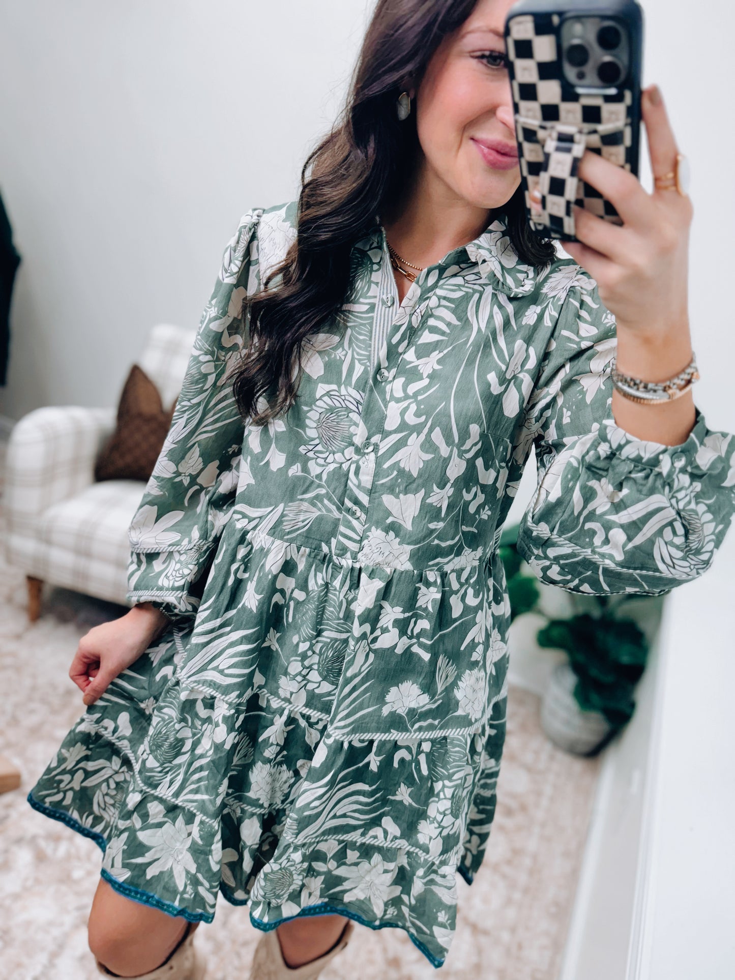 Miller Button Tiered Mixed Mini Dress