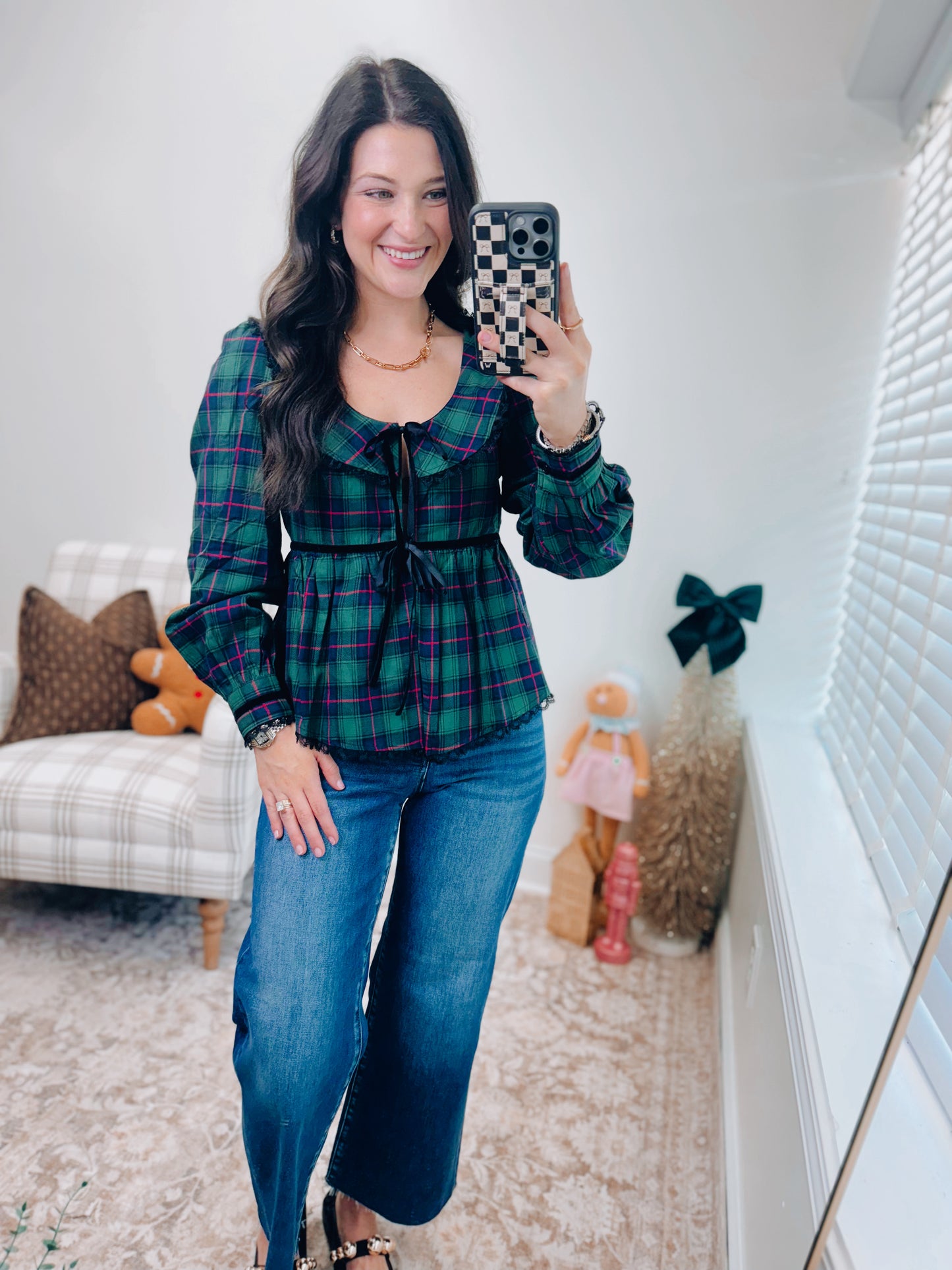 Plaid Velvet Trim Holiday Top