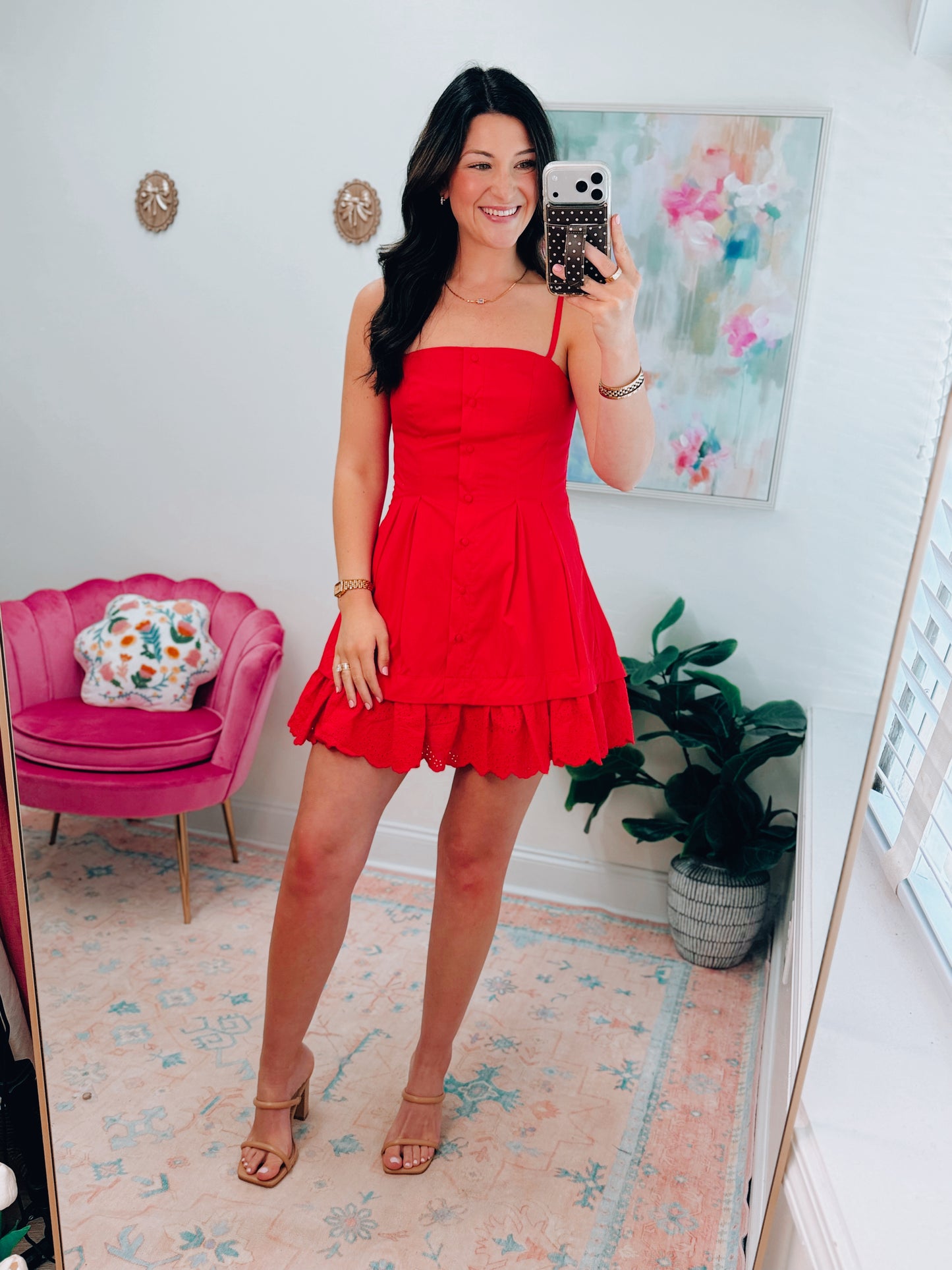 Poplin Pleated Eyelet Mini Dress - Red