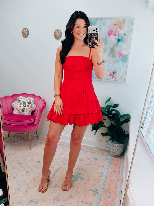 Poplin Pleated Eyelet Mini Dress - Red