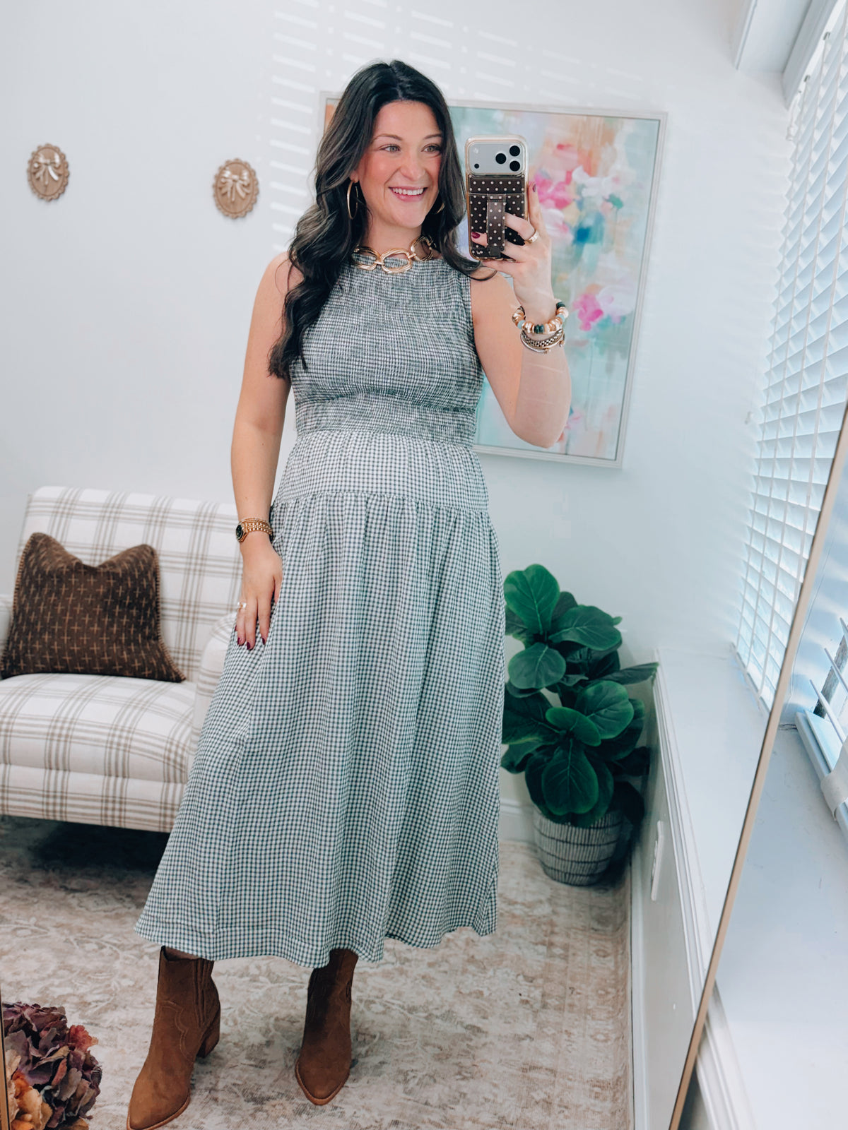 Green Gingham Smocked Tiered Midi Dress