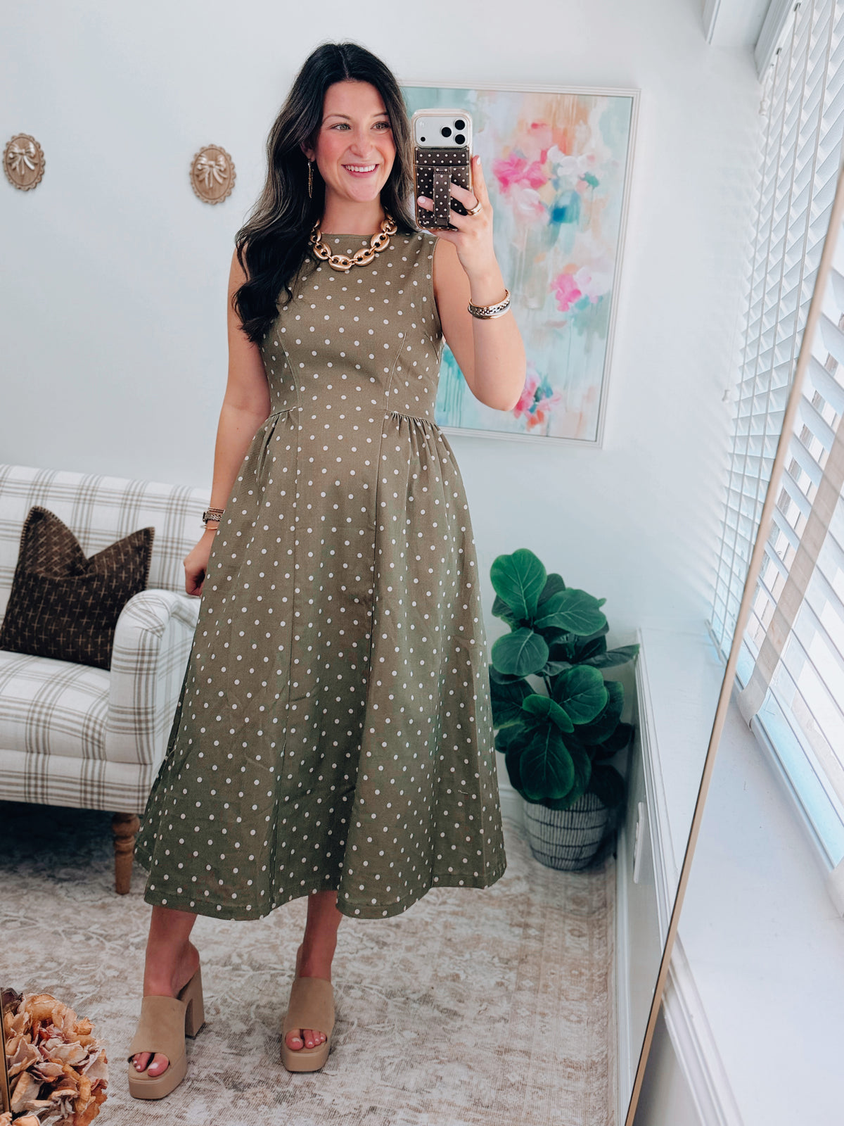 Marlow Olive Polka Dot Denim Midi Dress