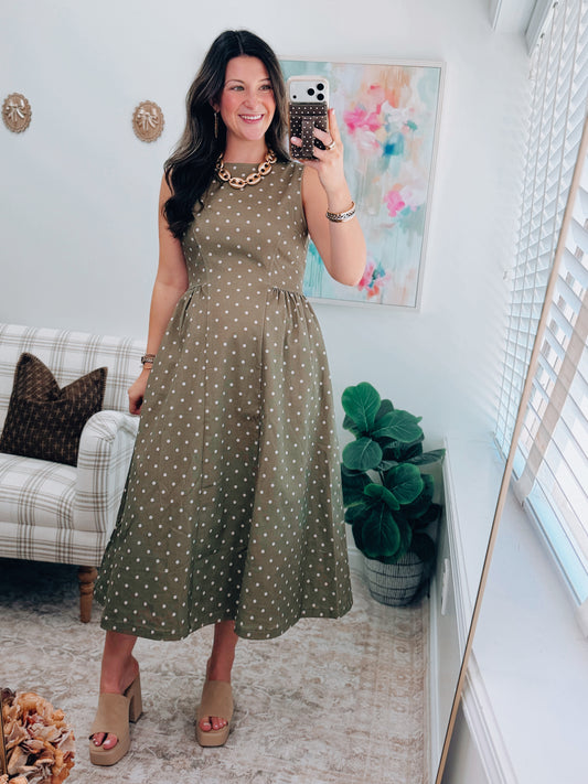 Marlow Olive Polka Dot Denim Midi Dress