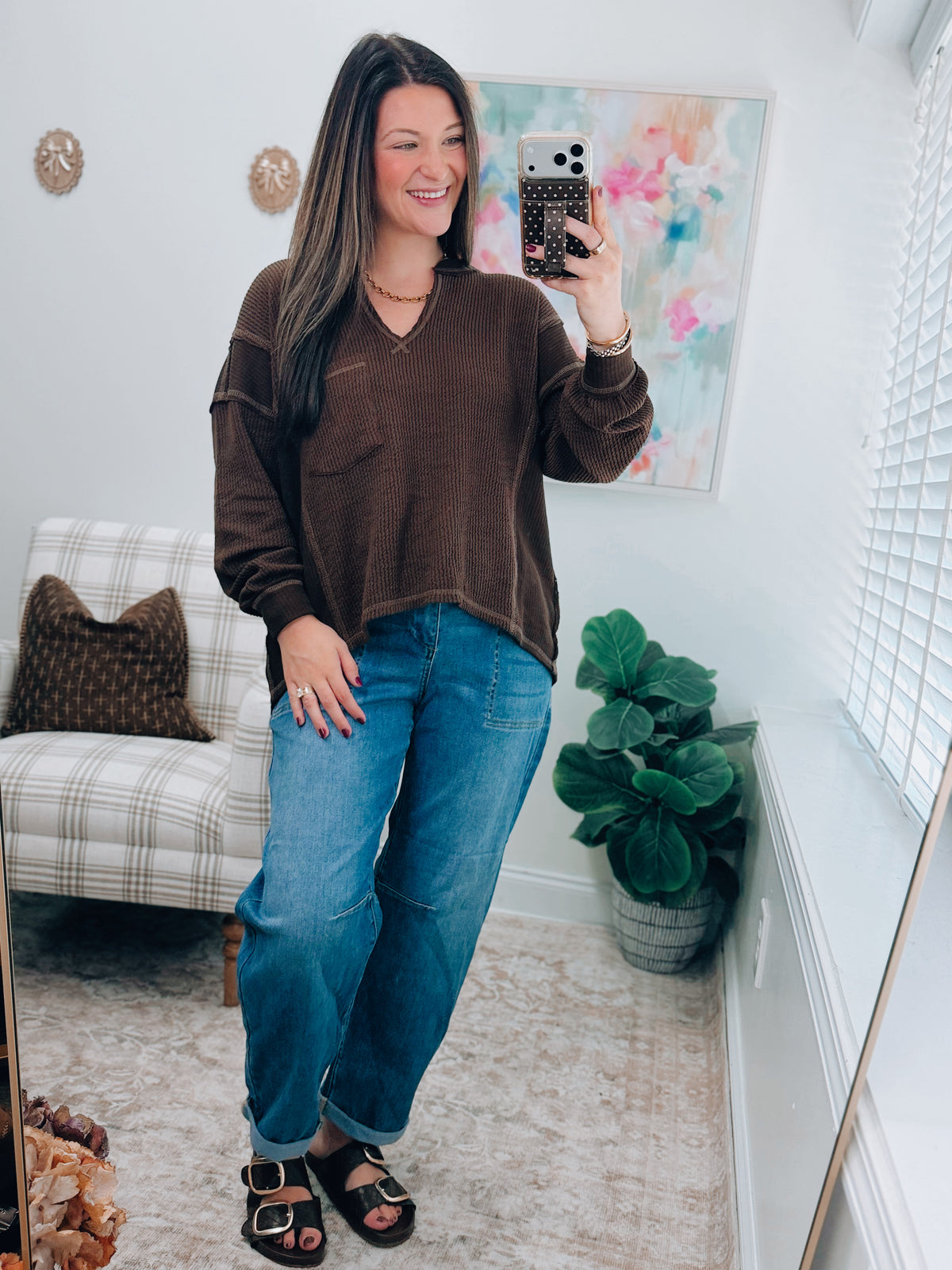 Chocolate Split Neck Raw Hem Sweater Top