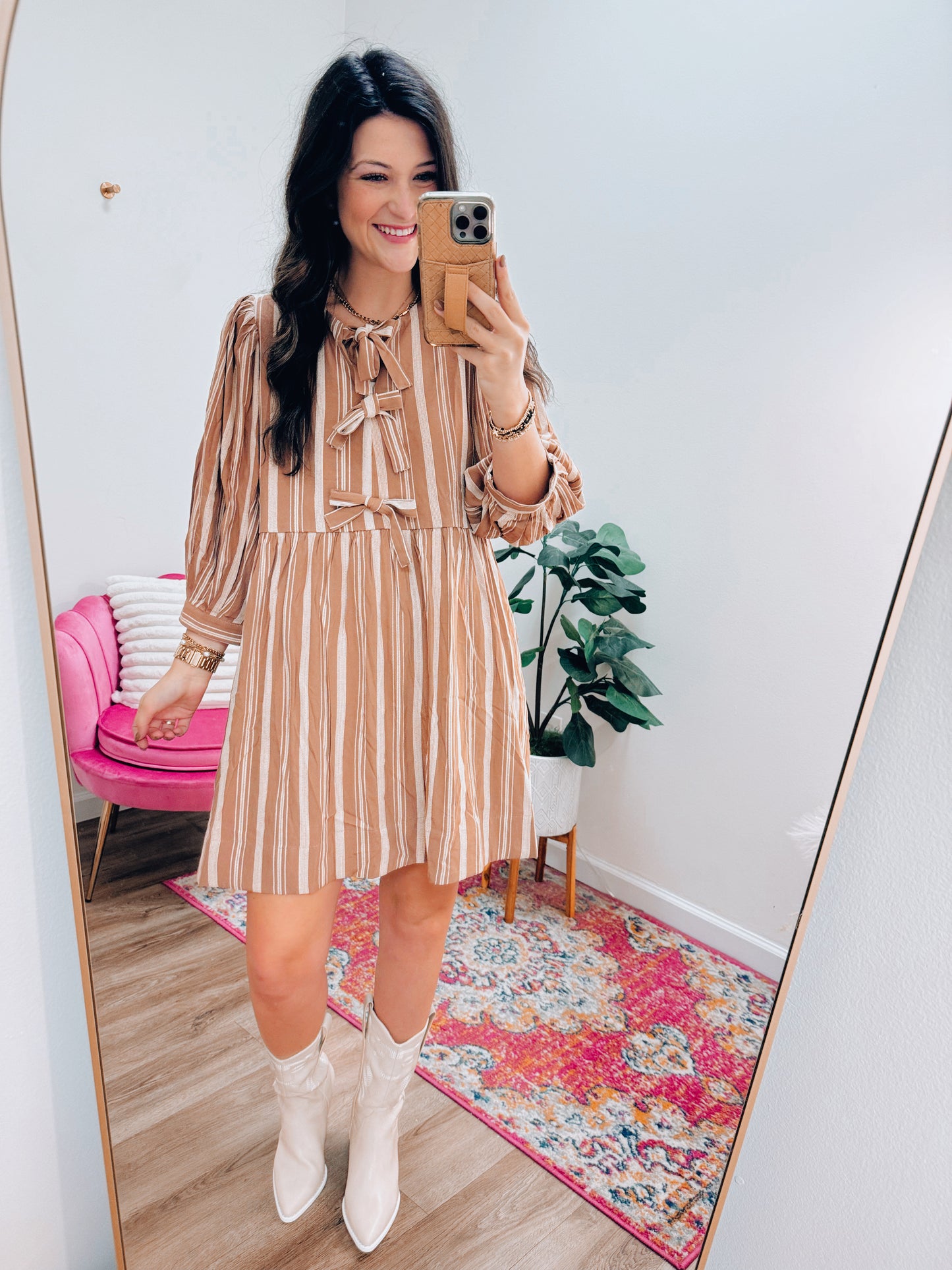 Camel Bow Striped Mini Dress