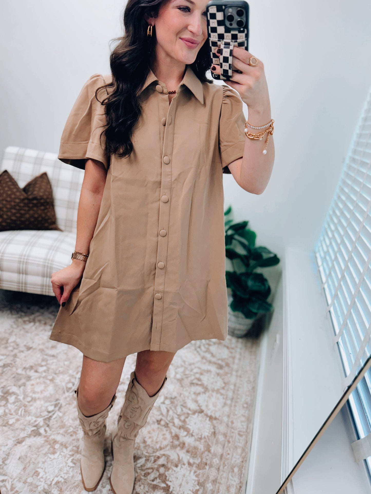 Lane Taupe Button Mini Dress