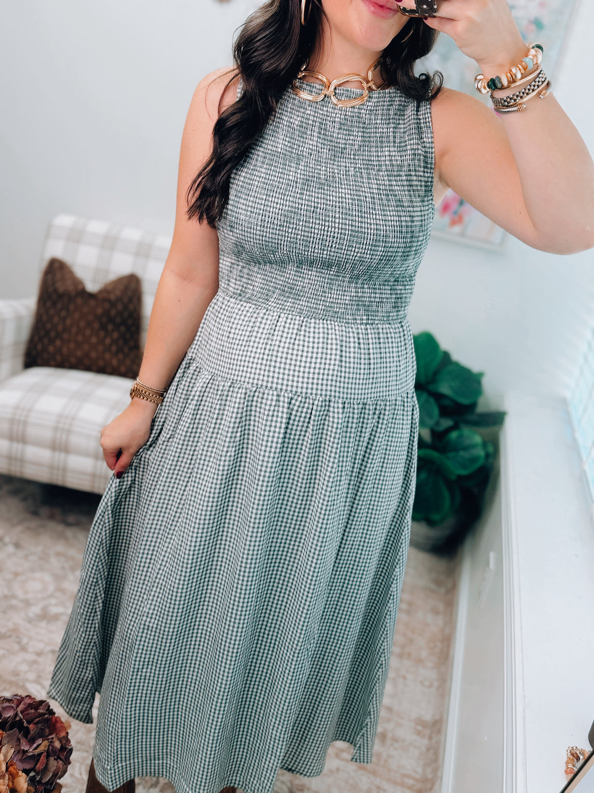 Green Gingham Smocked Tiered Midi Dress