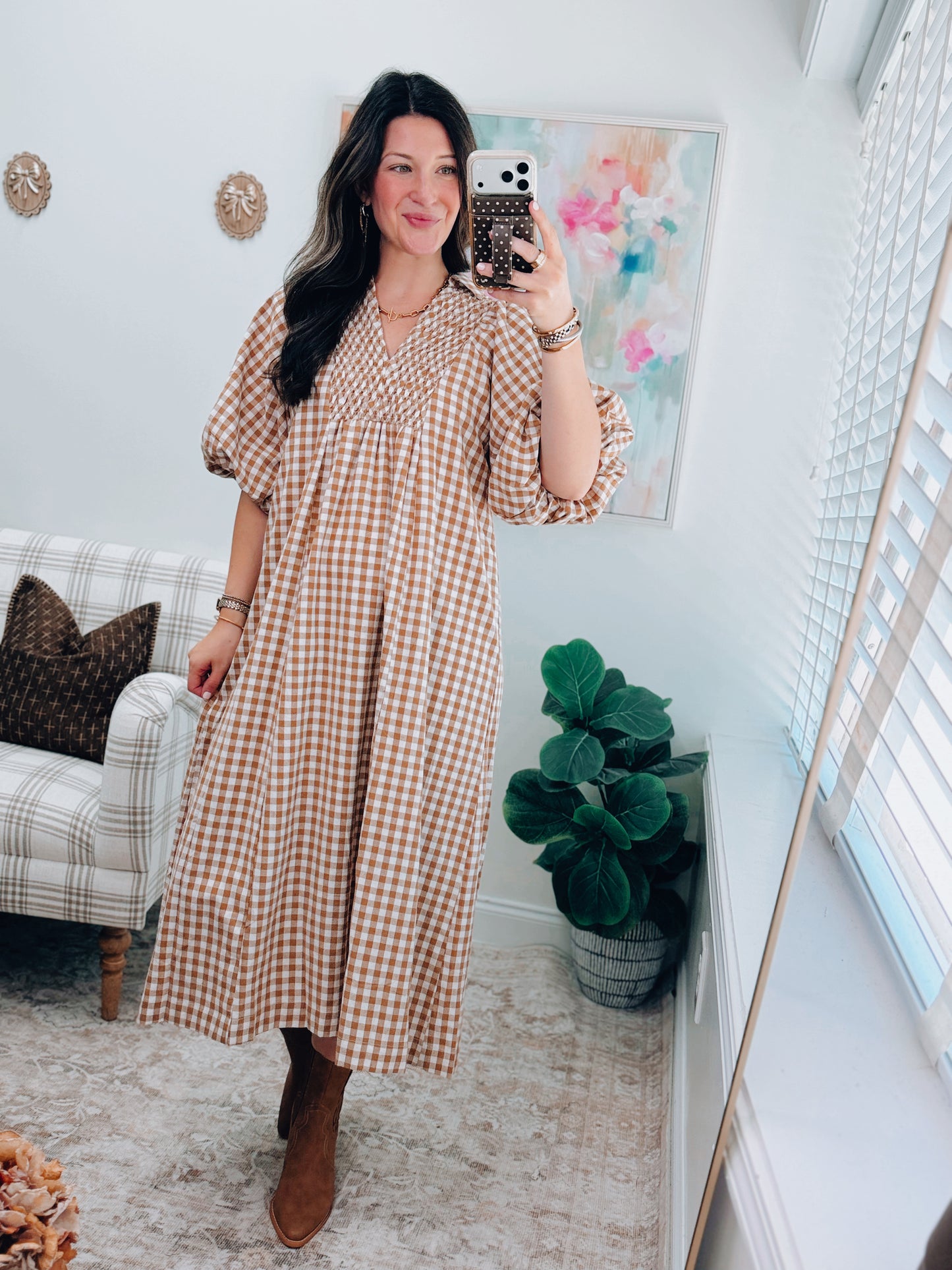 Teagan Caramel Gingham Smocked Midi Dress