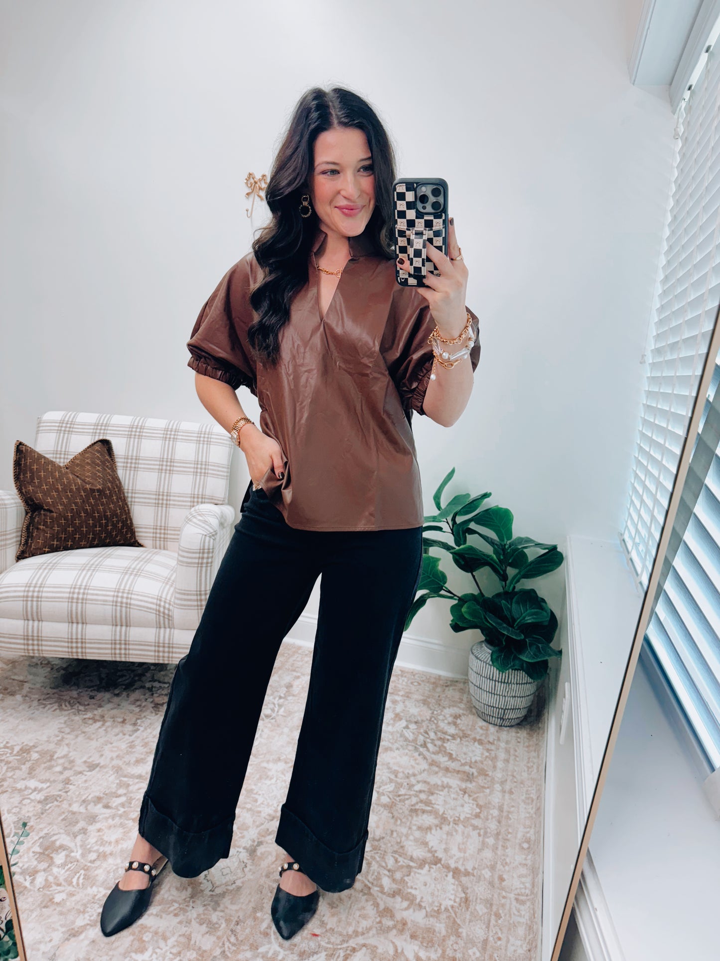Tilly Faux Leather Top - Brown