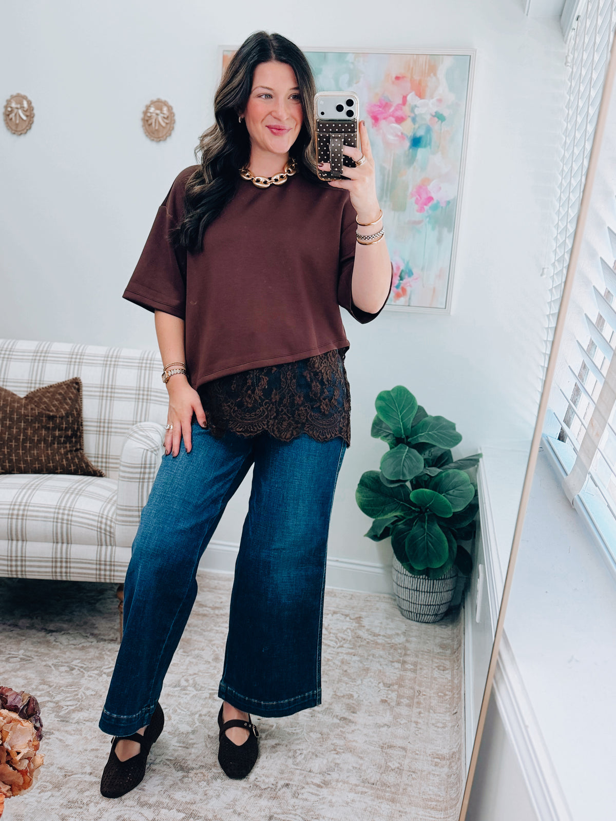 Sienna Brown Lace Trim Top