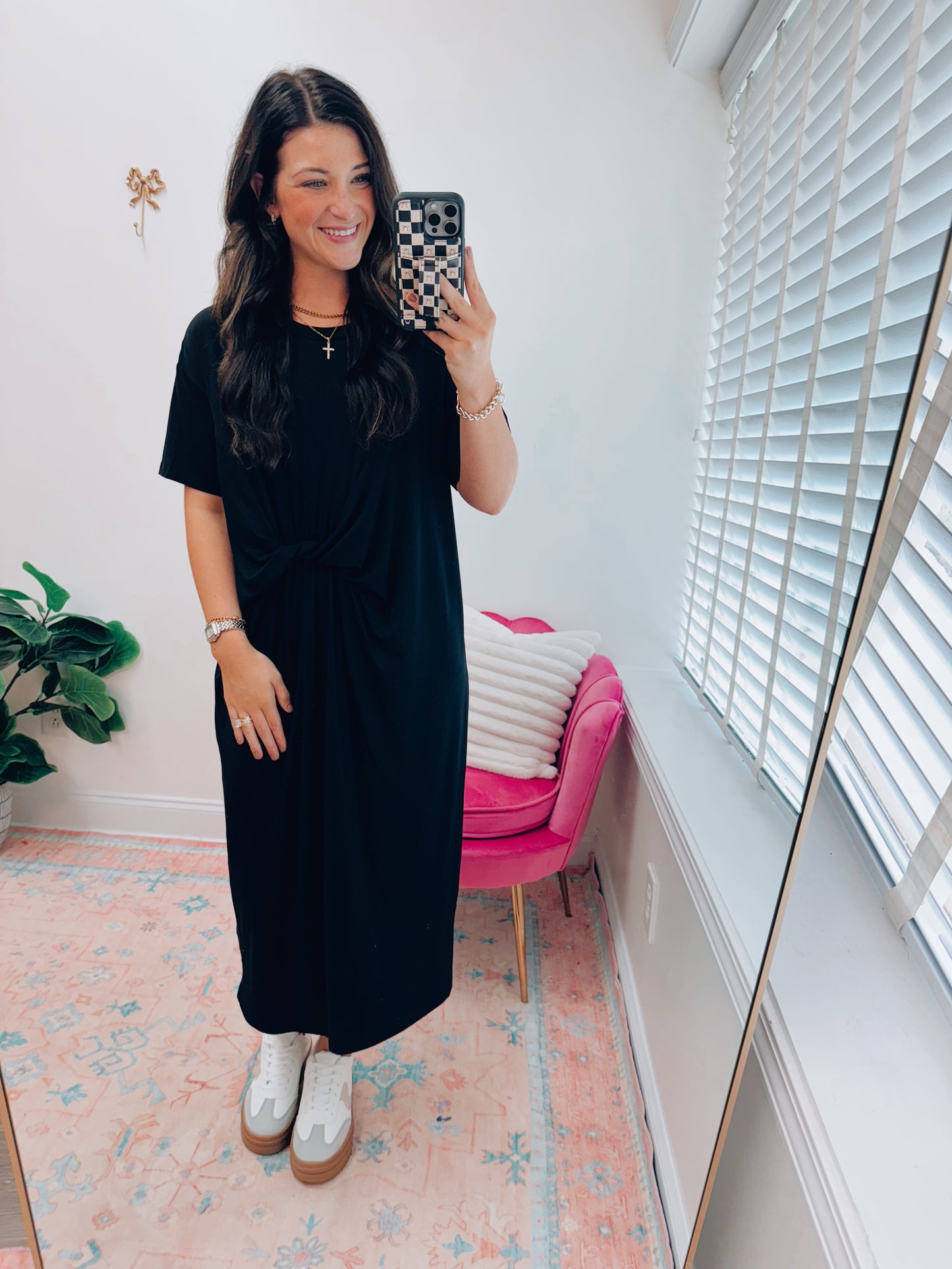 Black Waist Tie Buttery Midi Dress