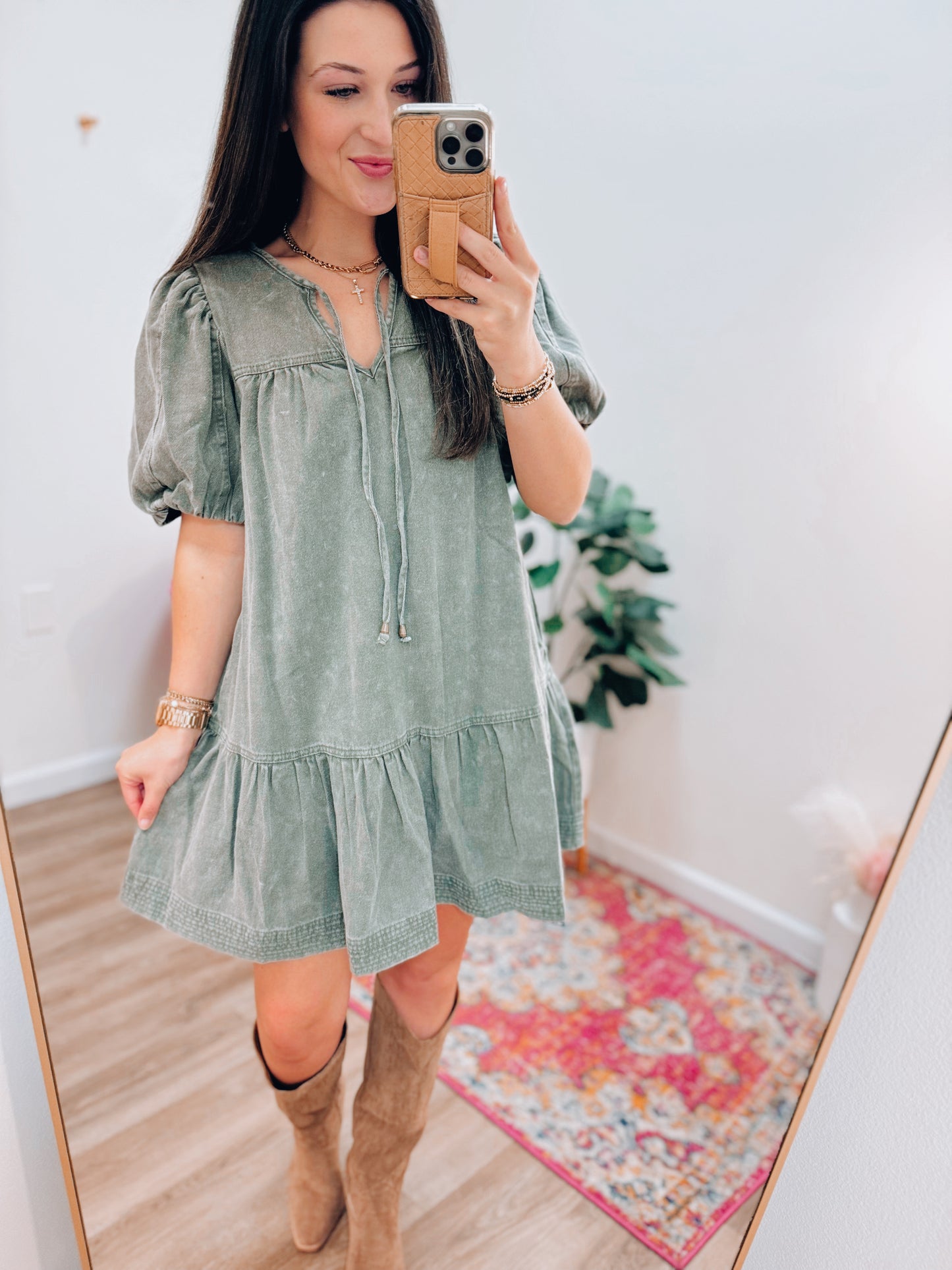 Olive Denim Puff Sleeve Mini Dress