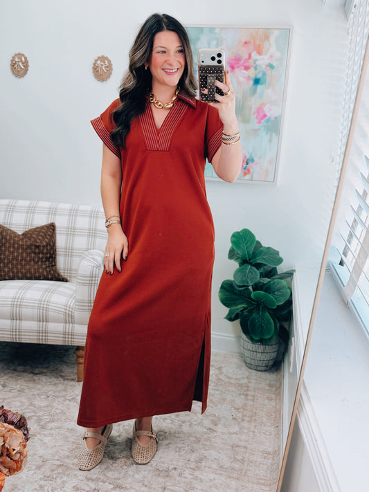 Rust Stitched Scuba Midi Dress