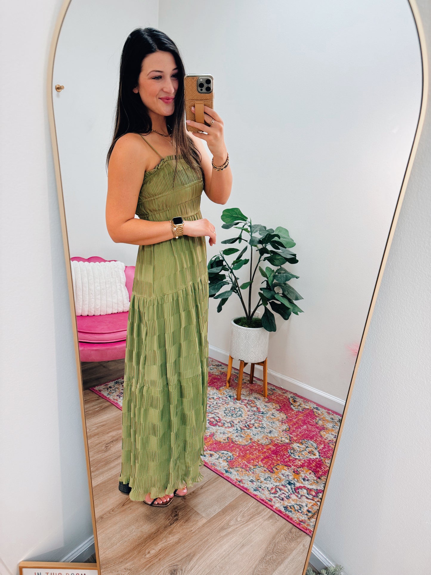 Olive Pleated Midi Dress