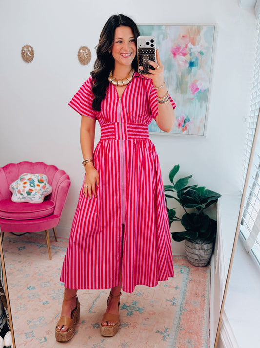 Sweet Escape Striped Zipper Midi Dress