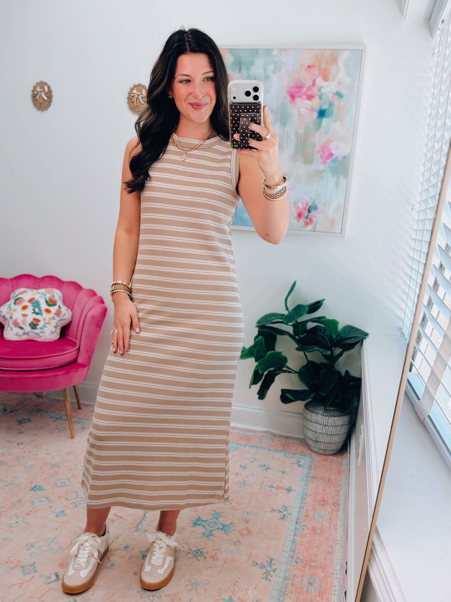 Button Back Striped Midi Dress