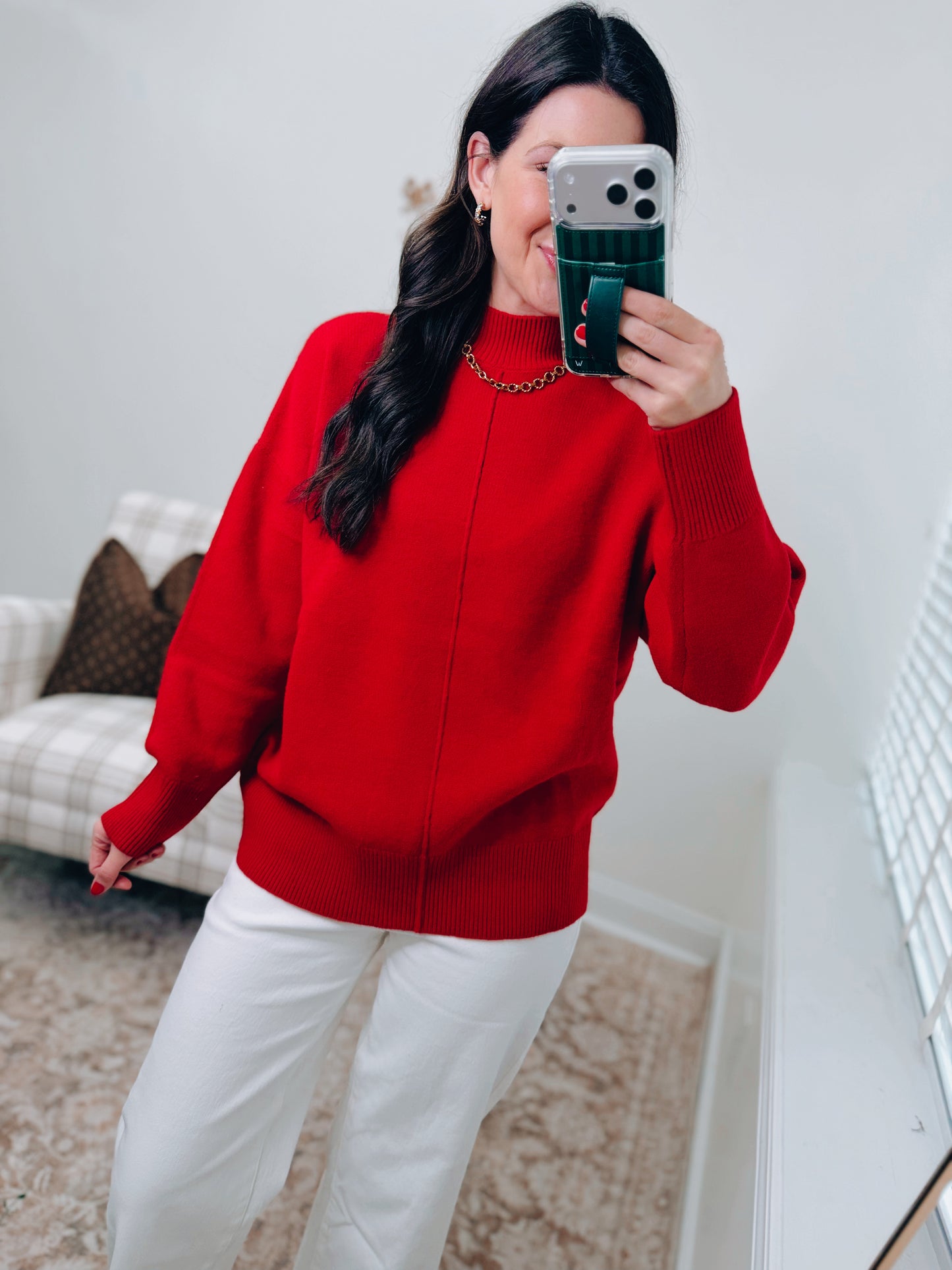 Red Ribbed Mock Front Seam Sweater