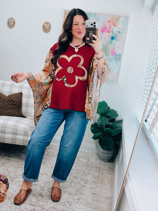 Boho Patchwork Flower Knit Top