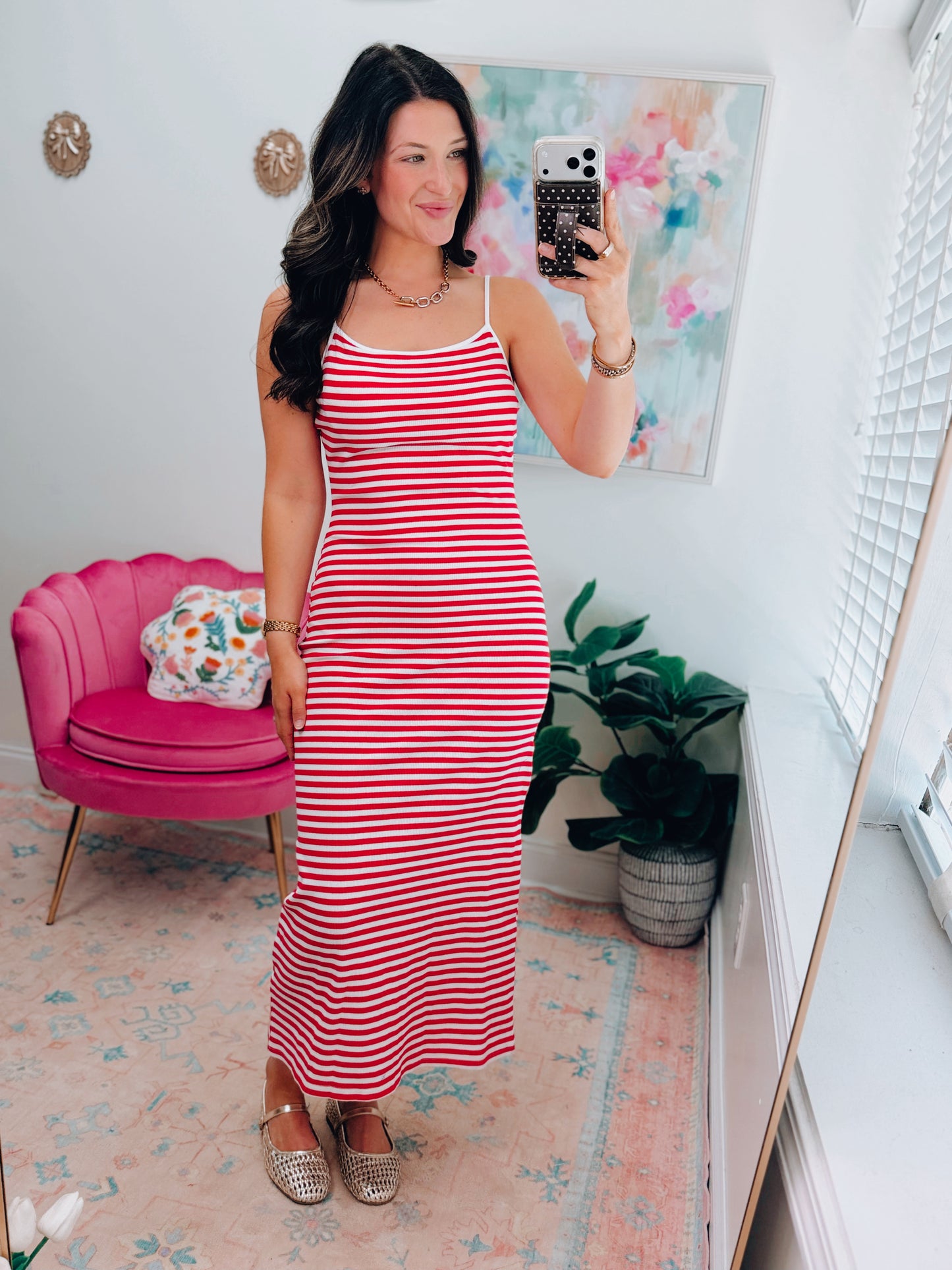 Red Stripe Ribbed Bodycon Midi Dress
