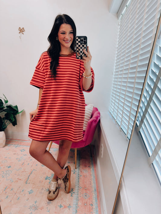 Stripe Knit Pullover Tee Dress - Rust