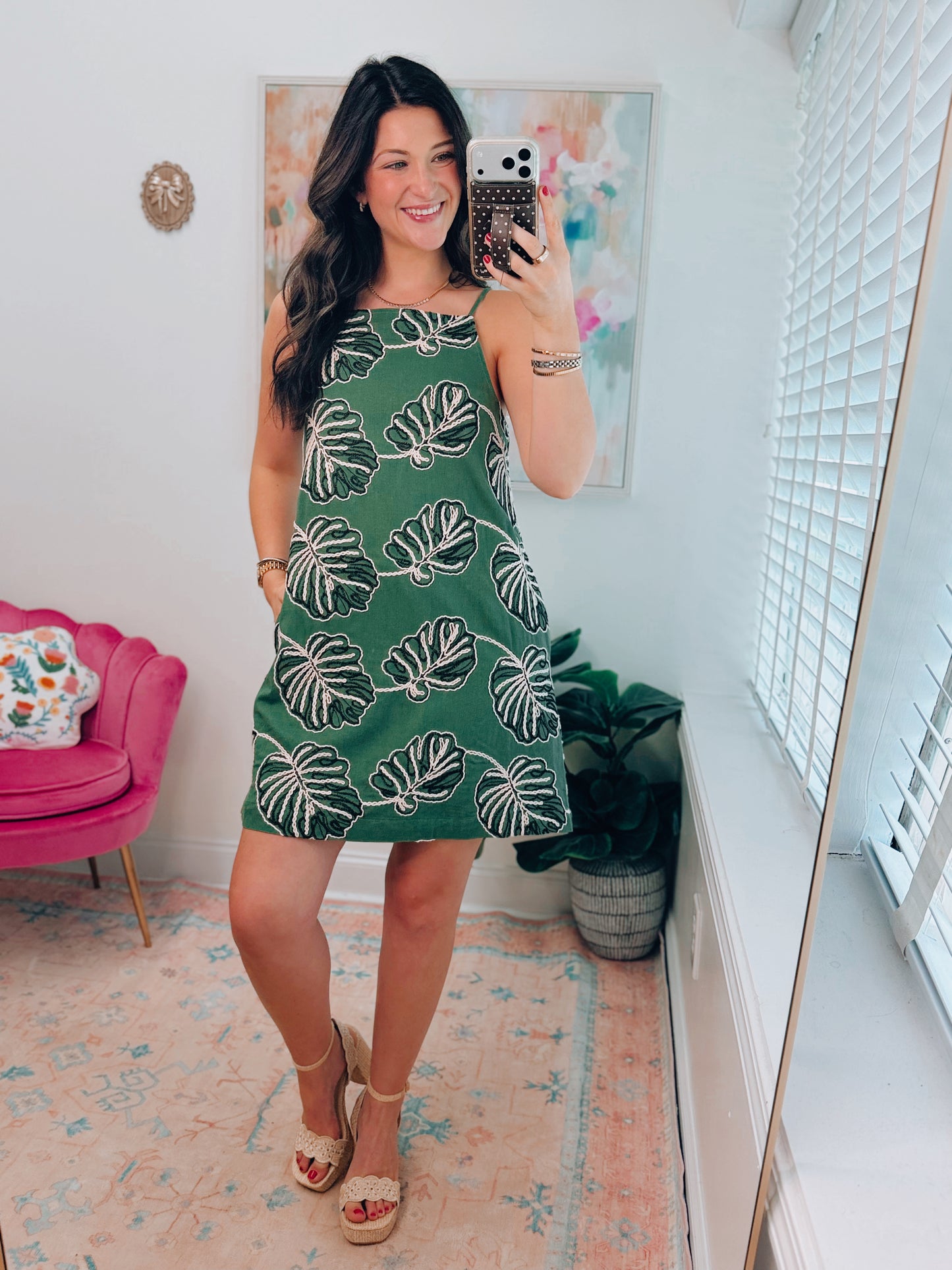 Palm Matcha Embroidered Mini Dress