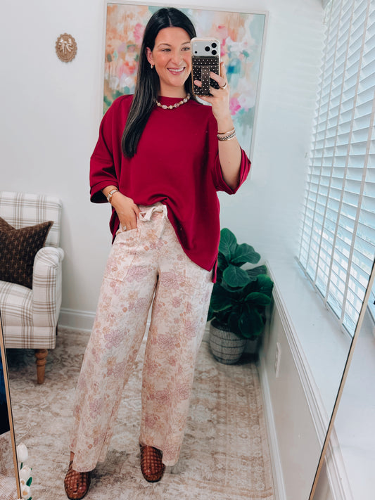 Floral Cotton Twill Denim Pants
