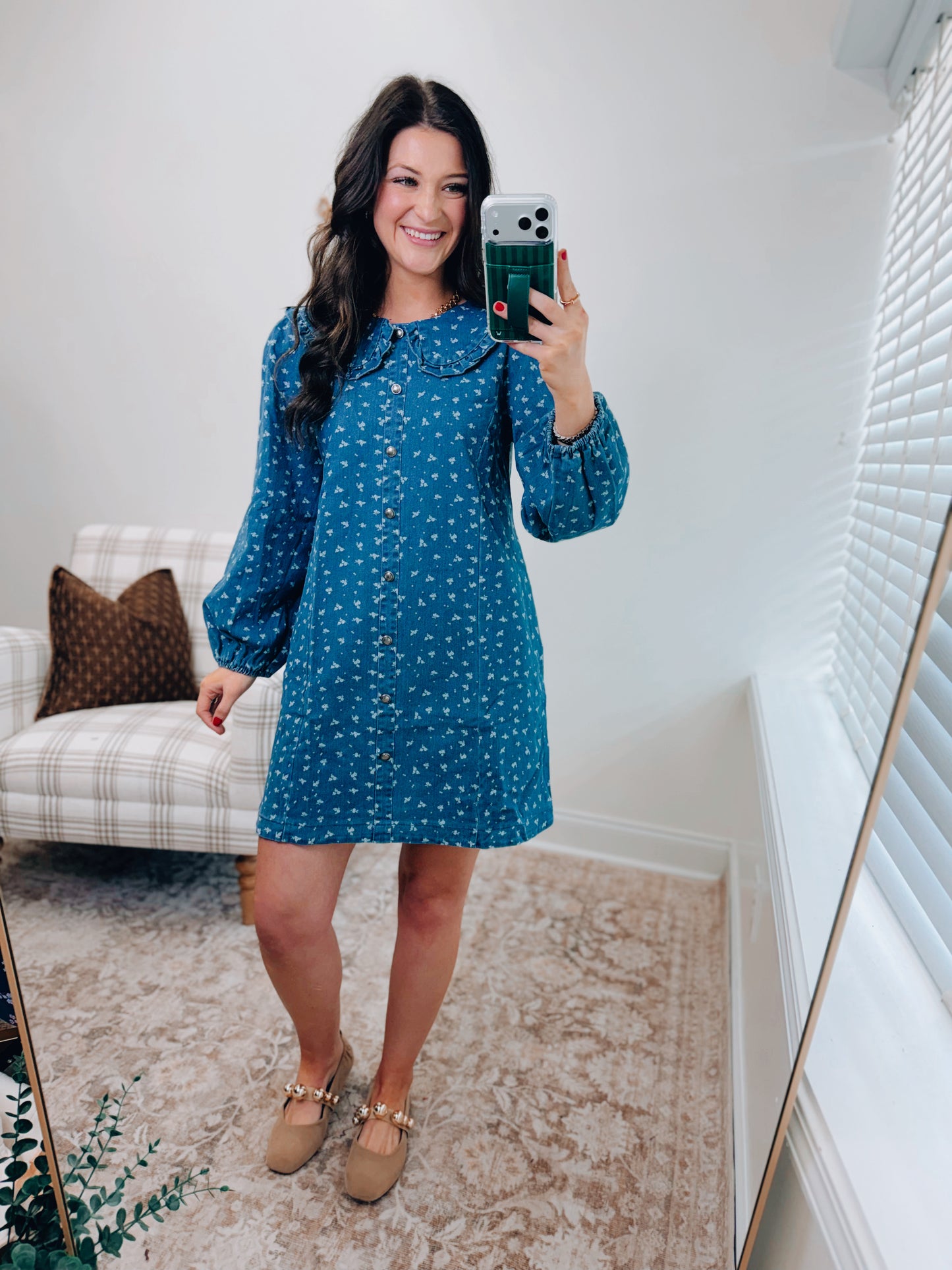 Ditsy Denim Scallop Mini Dress