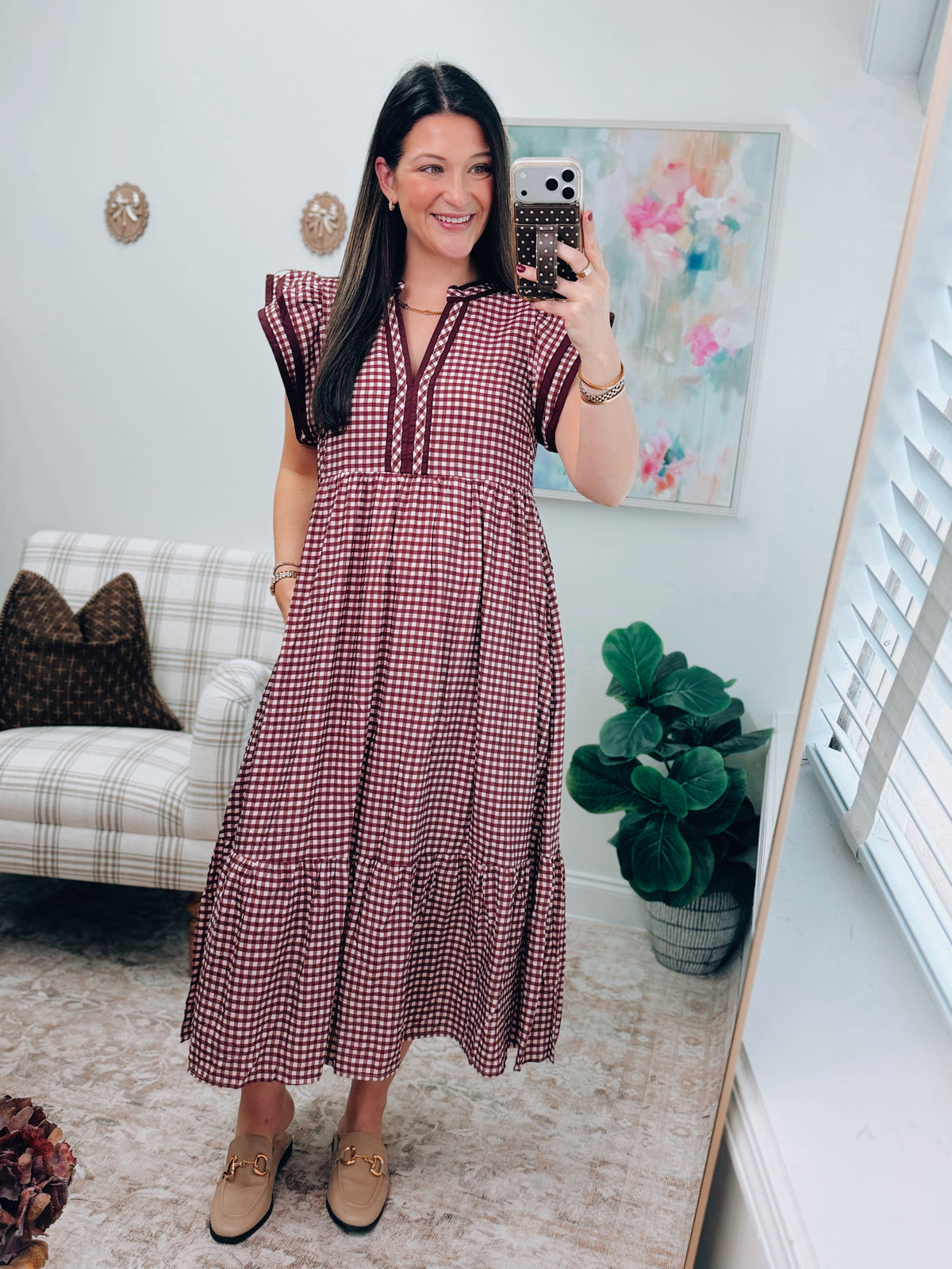Maroon Gingham Ruffle Midi Dress