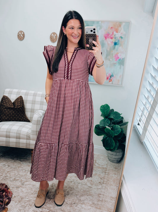 Maroon Gingham Ruffle Midi Dress
