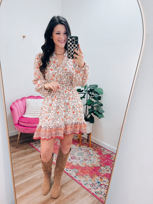 Floral Border Smocked Mini Dress