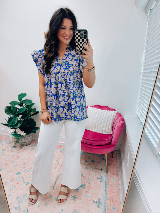 Floral Blue V Piping Top
