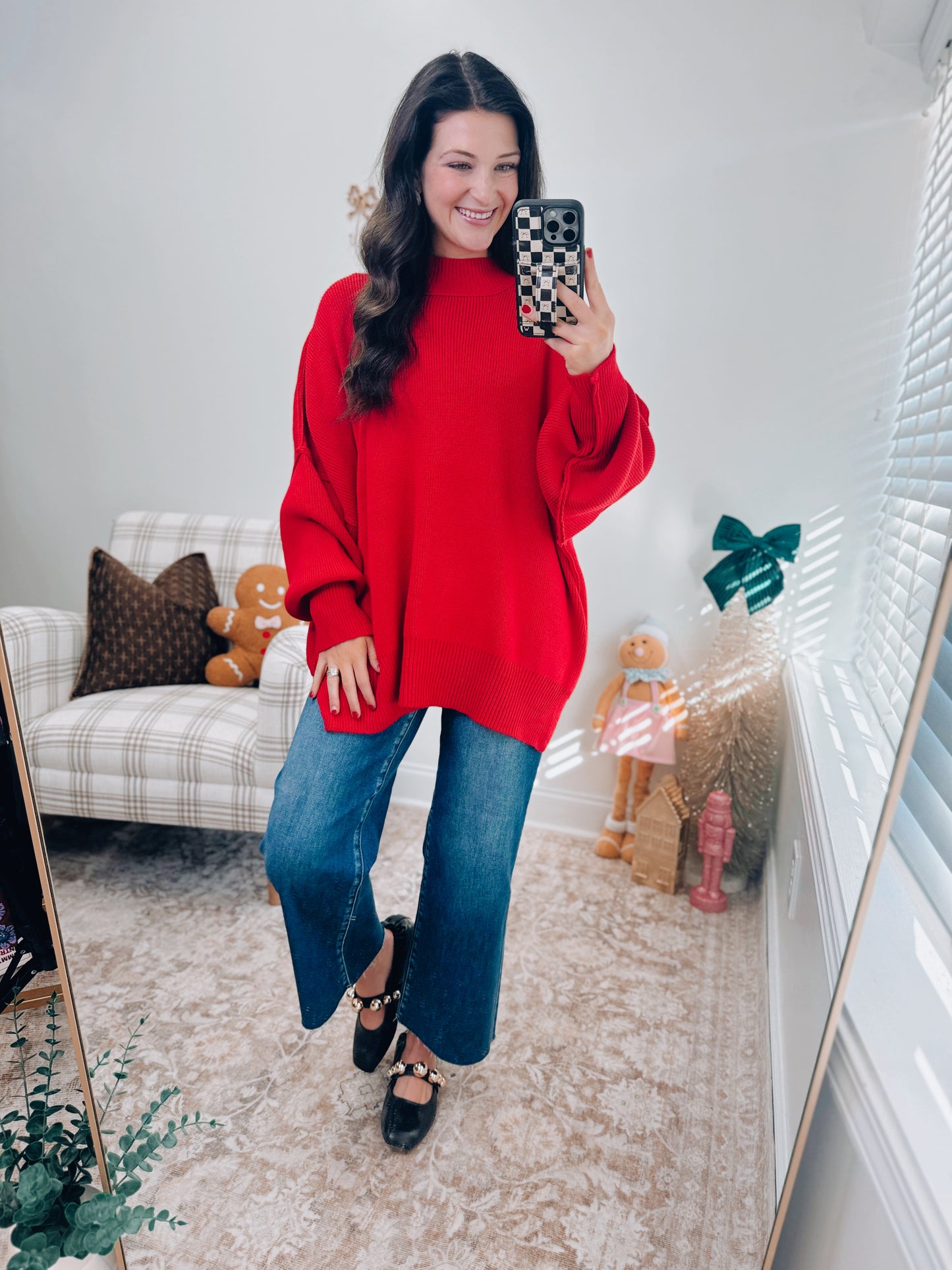 CURVY Millie Ribbed Oversized Sweater Top - Red