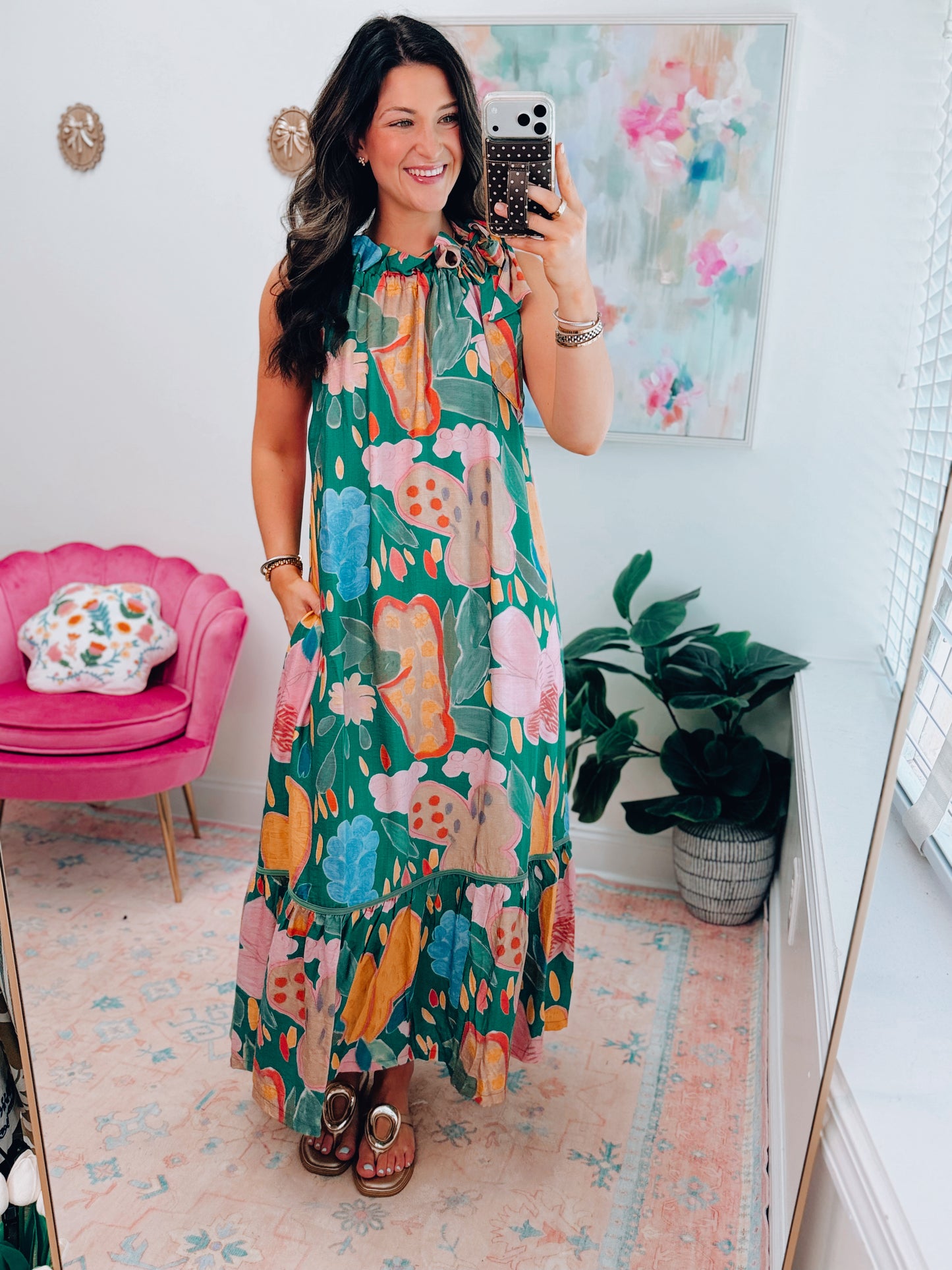 Golden Hour Floral Mock Tie Midi Dress