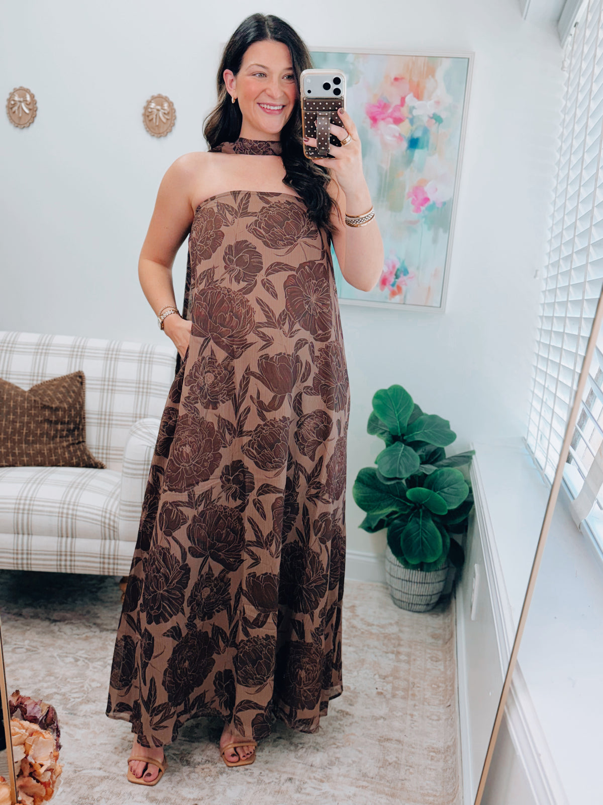Brown Floral Print Scarf Maxi Dress