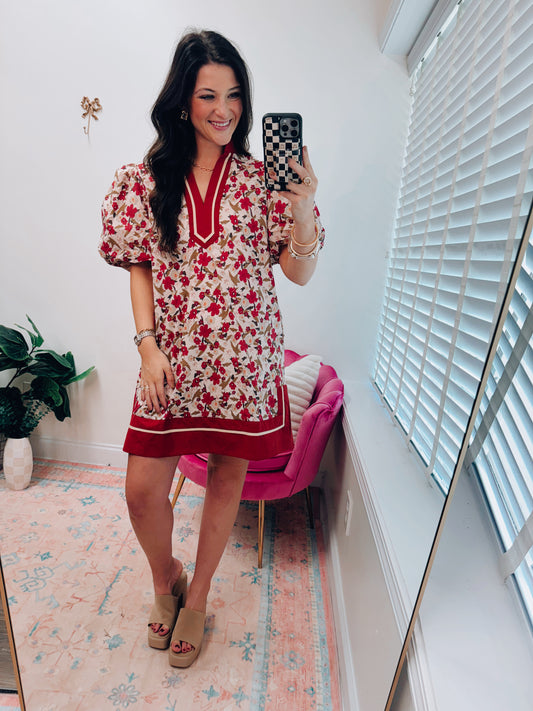 Terracotta Trim Floral Mini Dress