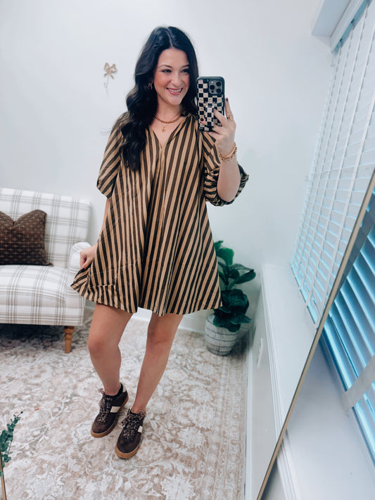 Ellery Striped Puff Sleeve Mini Dress - Olive