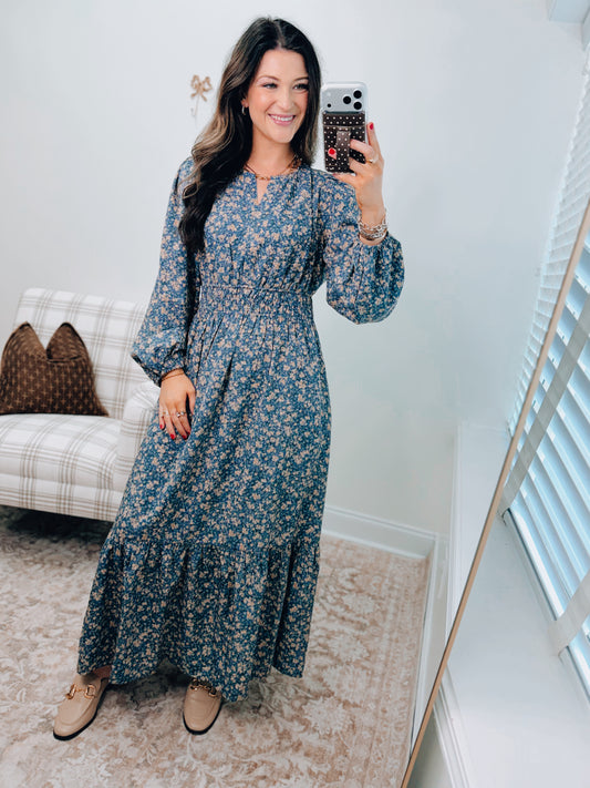 Meadow Blue Floral Smocked Maxi Dress