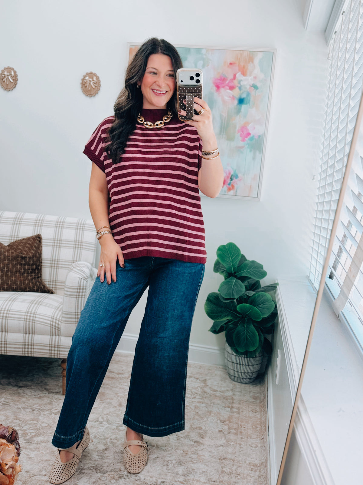 Burgundy Striped Mock Neck Sweater Top