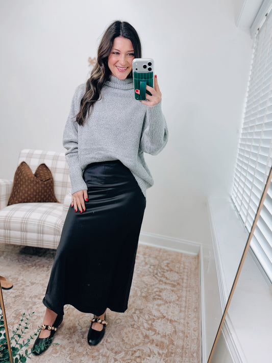 Veda Satin Midi Skirt - Black