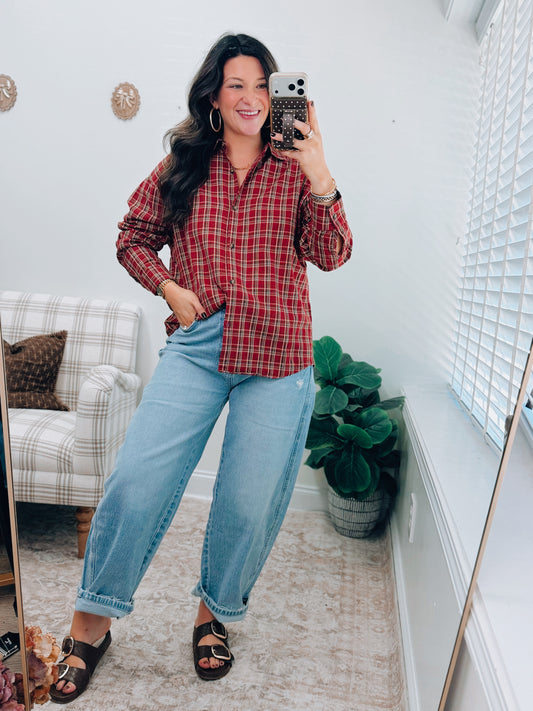 Oversized Plaid Flannel Top - Deep Red